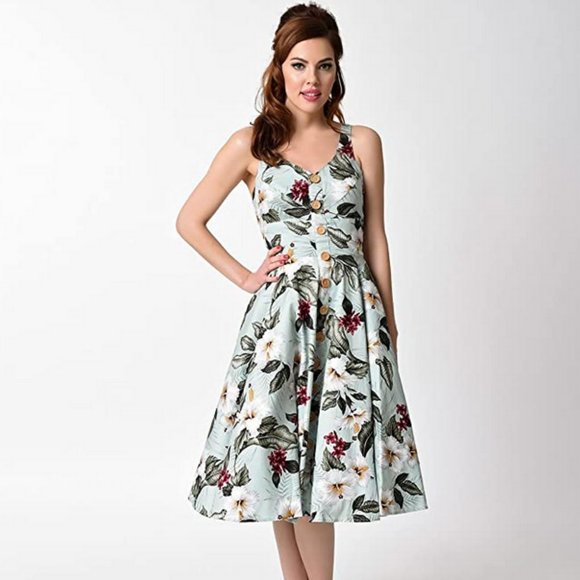 Hell Bunny Dresses & Skirts - Hell Bunny Retro Style Light Green & Tahiti Floral Swing Dress Size M Medium NWT